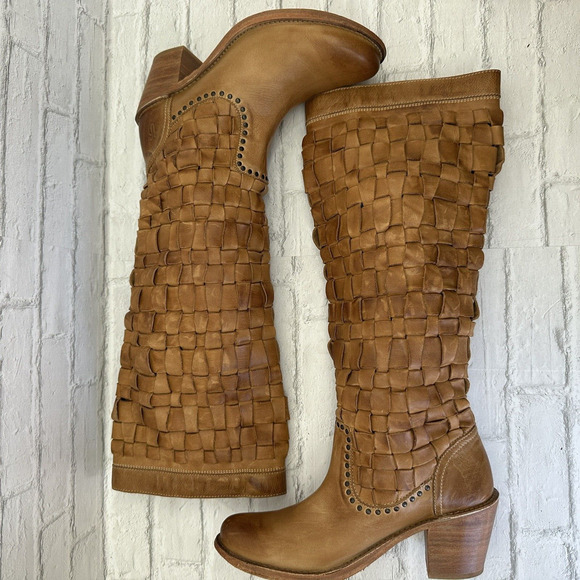 Frye Knee High Boots Light Brown Basket Weave Leather Heels 8 B - Picture 8 of 10